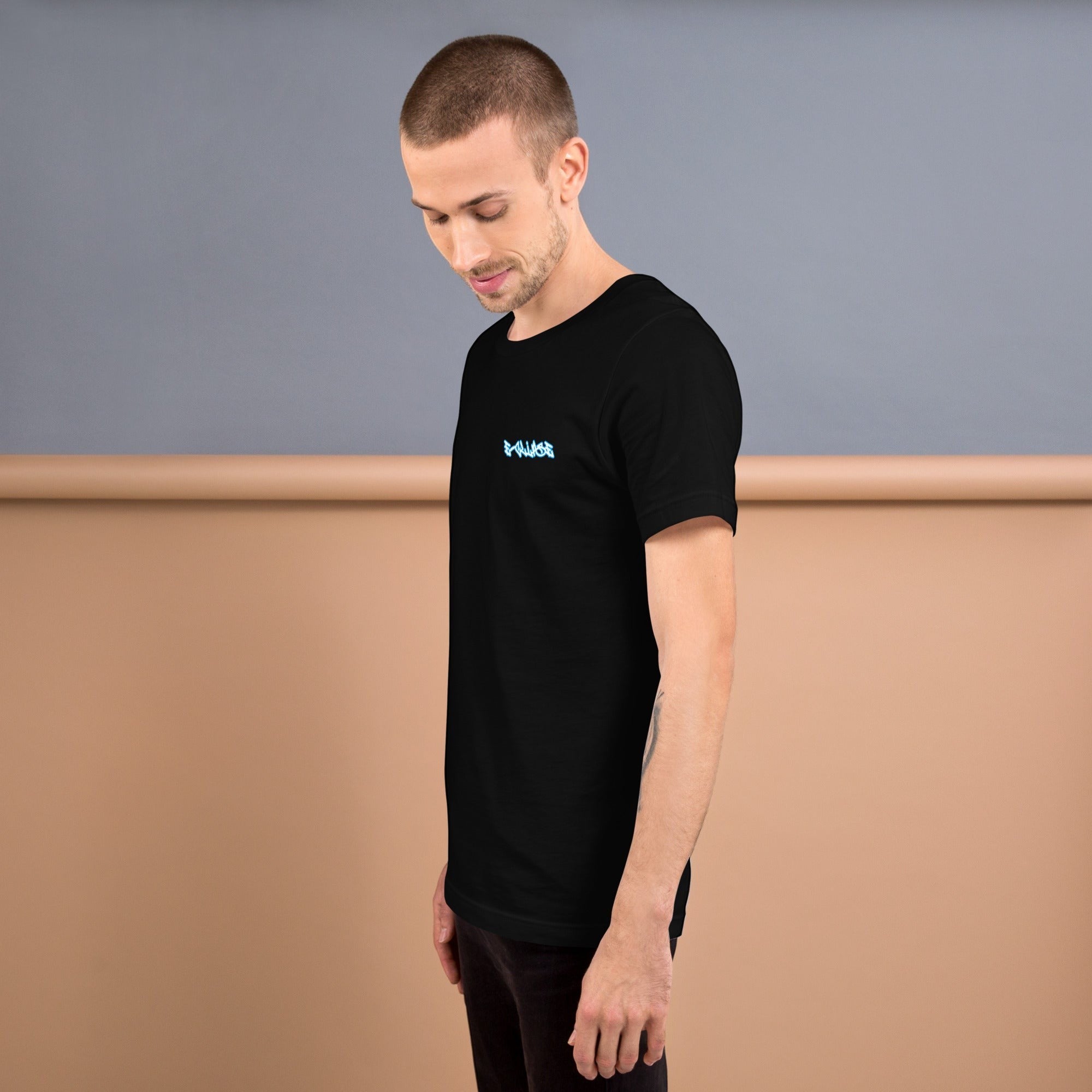 E-clipse black 100% cotton t-shirt with blue neon graphic logo on chest. Model is wearing a size medium.