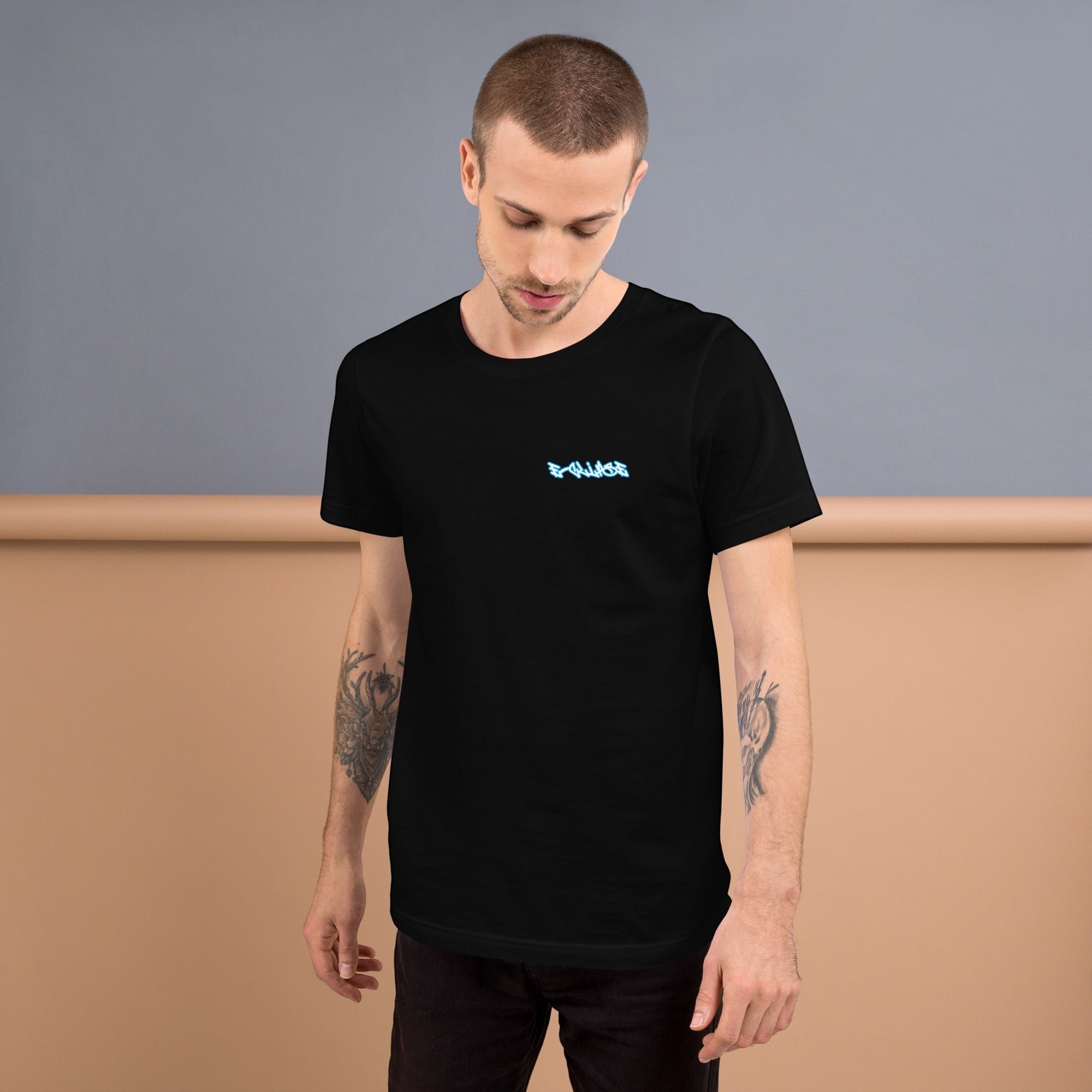 E-clipse black cotton t-shirt with blue neon graphic logo on chest, worn by a man.