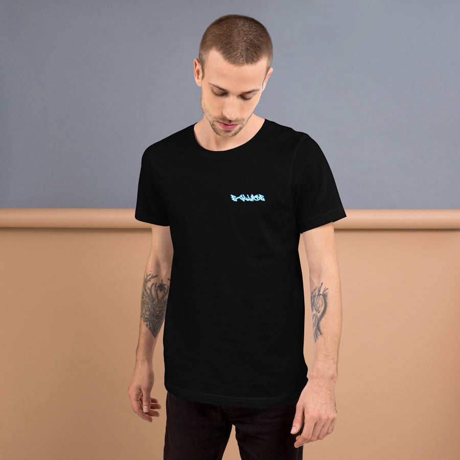 E-clipse black cotton t-shirt with blue neon graphic logo on chest, worn by a man.