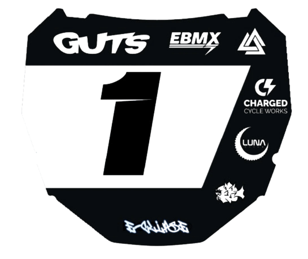 E-clipse custom black ODI plate with number 1, EBMX, GUTS, Charged, and Luna logos.