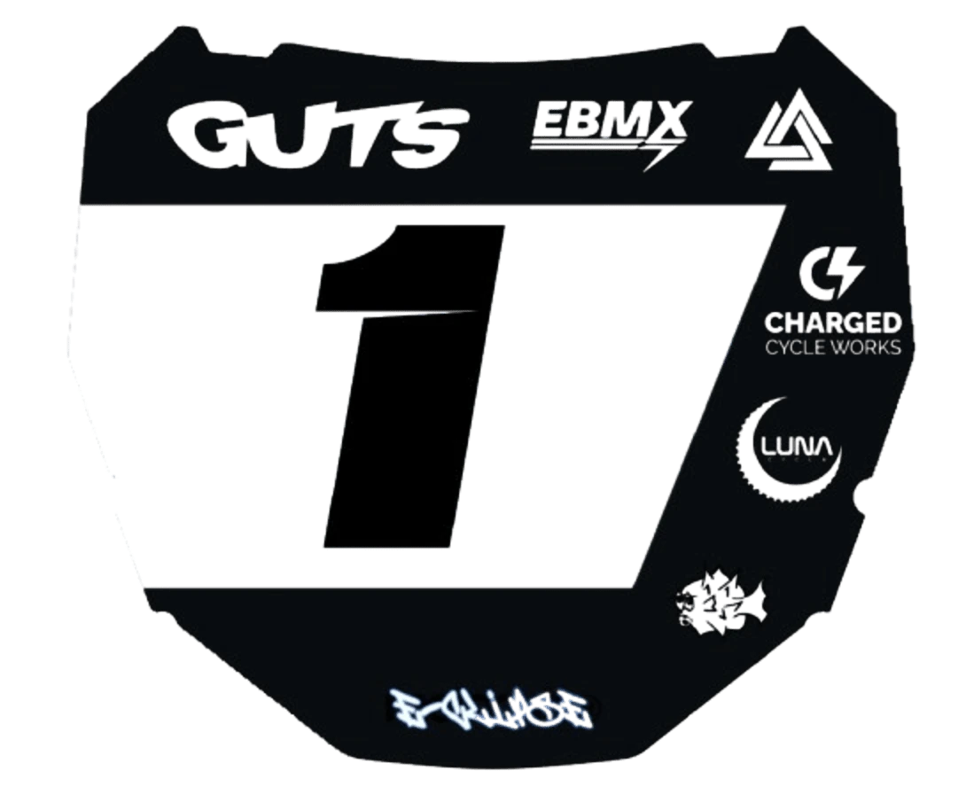 E-clipse custom black ODI plate with number 1, EBMX, GUTS, Charged, and Luna logos.