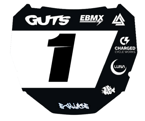 E-clipse custom black ODI plate with number 1, EBMX, GUTS, Charged, and Luna logos.