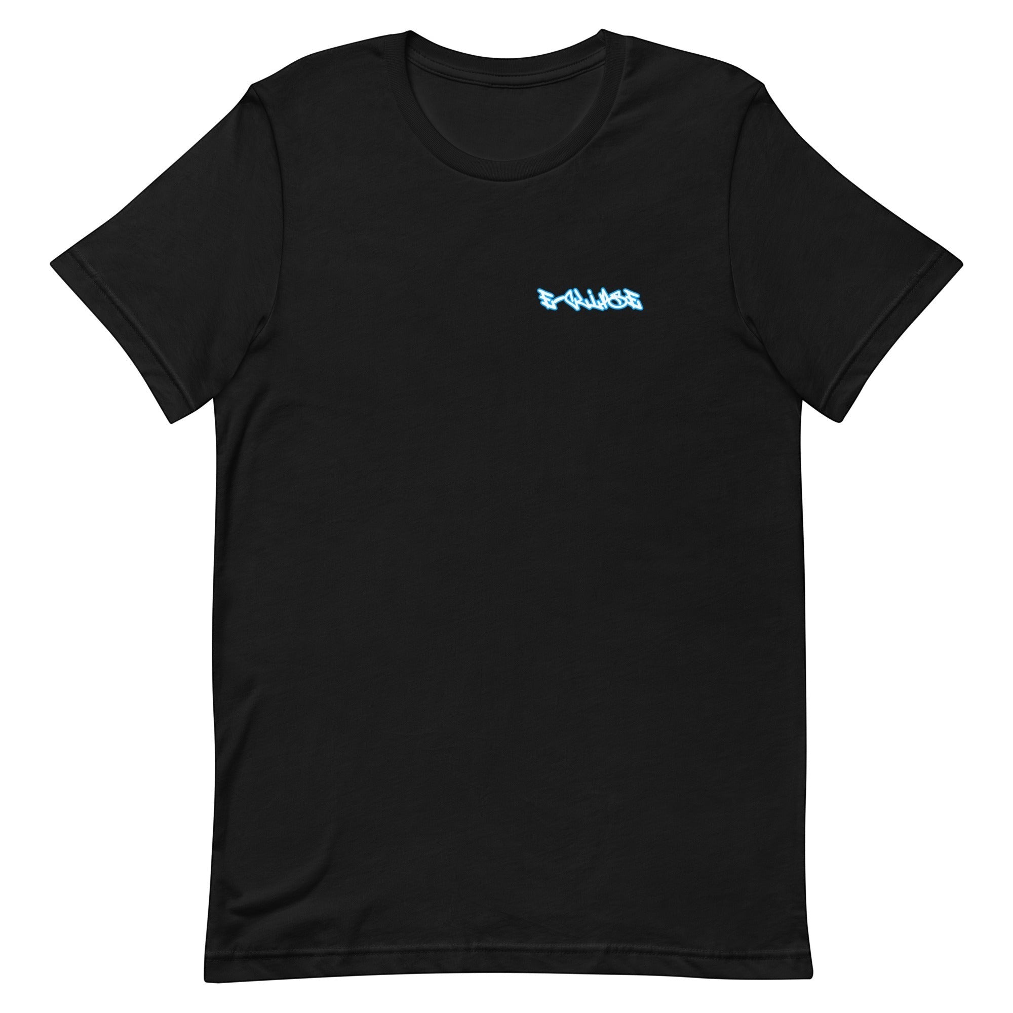 E-clipse Talaria XXX t-shirt in black, 100% cotton with a light blue neon graphic logo on the left chest.