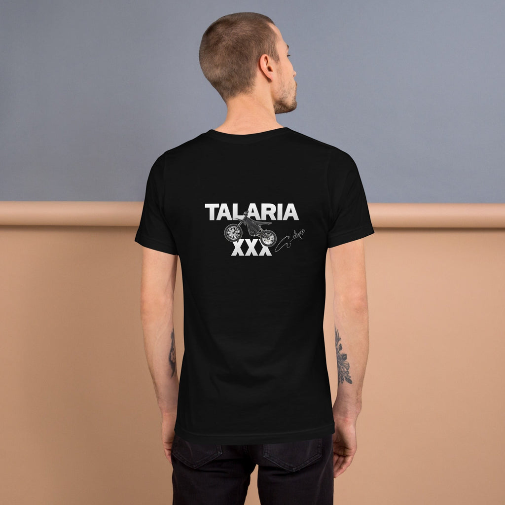 E-clipse black cotton t-shirt with Talaria XXX graphic print on back. Model is wearing size M.