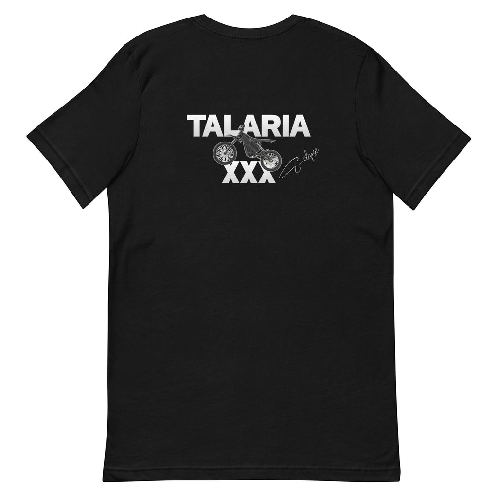 E-clipse black 100% cotton t-shirt with Talaria XXX graphic and signature.