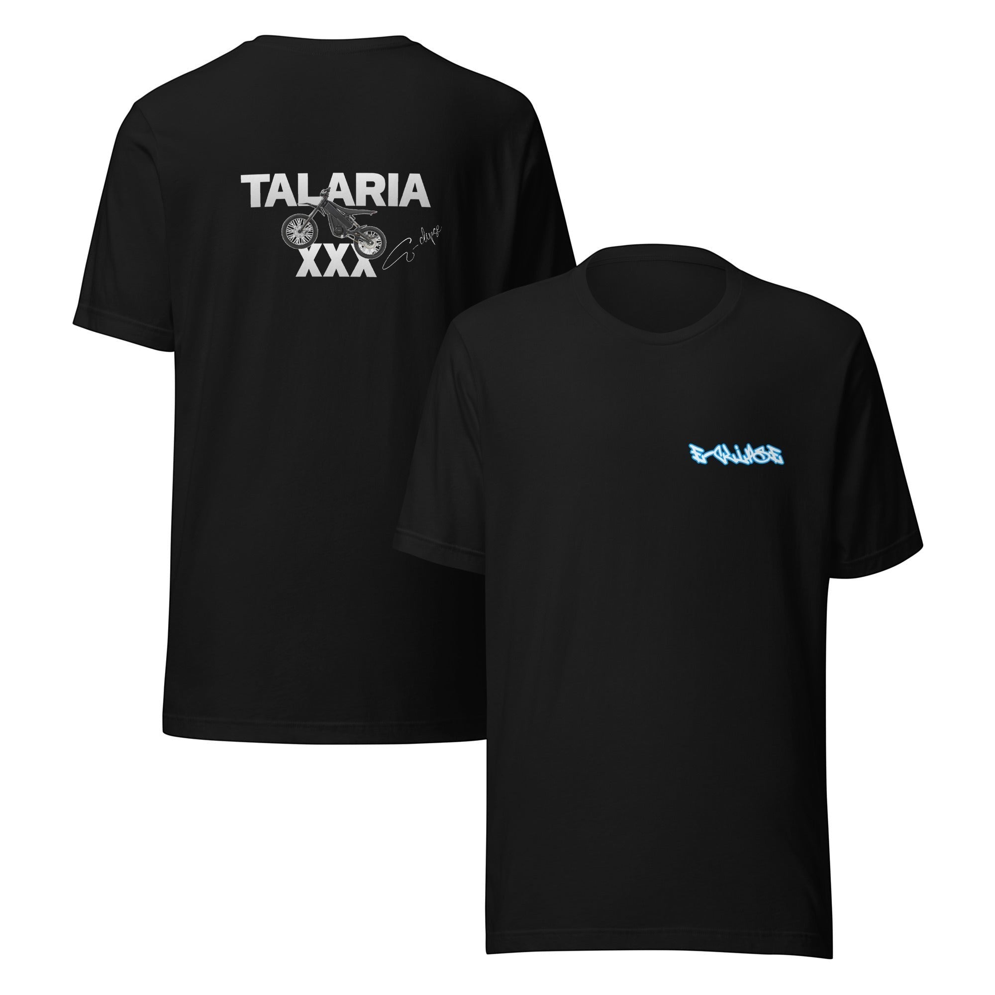 E-clipse black cotton t-shirt with Talaria XXX graphic on back and E-clipse logo on front. Soft, lightweight, and comfortable.